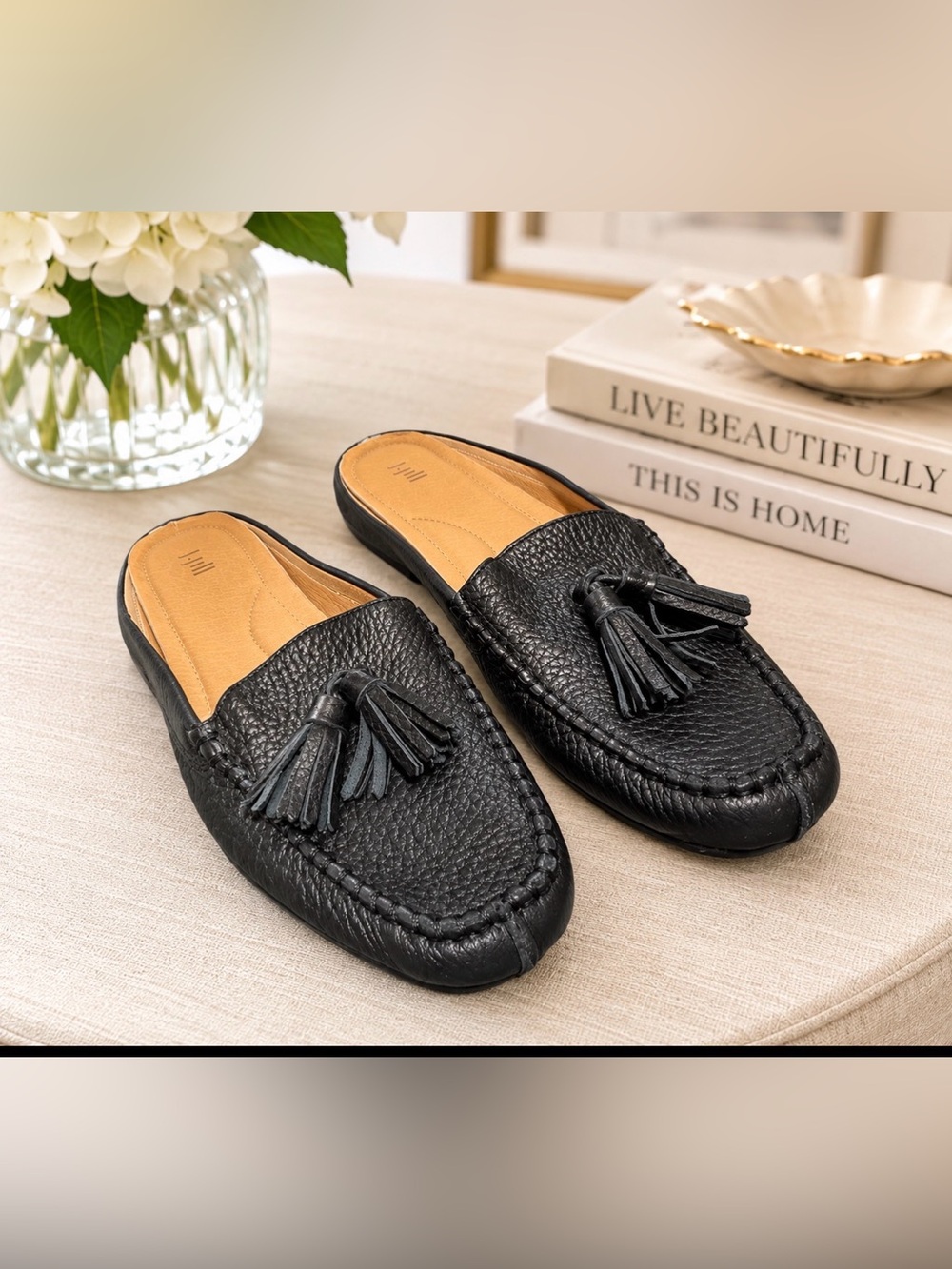 J.Jill size 7.5 black pebbled leather moccasin flats loafer mules